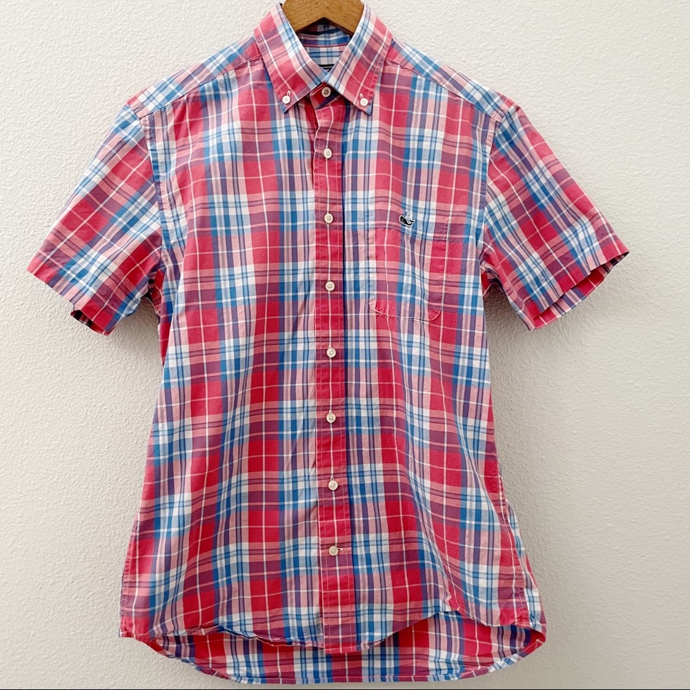 Vineyard vines cotton plaid salmon whale shirt